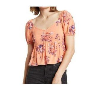 Abound Floral Print Puff Sleeve Babydoll Top Coral Aster Bouquet‎ XS